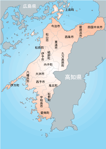 愛媛県の地図。市区町村単位まで 修理 事業者の絞り込みができます。