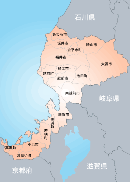 福井県の地図。市区町村単位まで 修理 事業者の絞り込みができます。