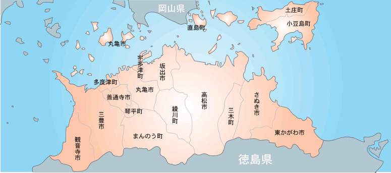 香川県の地図。市区町村単位まで 修理 事業者の絞り込みができます。