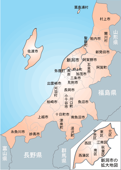 新潟県の地図。市区町村単位まで 修理 事業者の絞り込みができます。