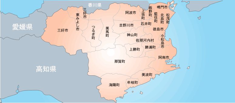 徳島県の地図。市区町村単位まで 修理 事業者の絞り込みができます。